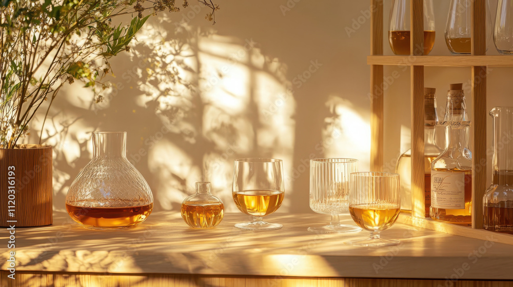 Crafting spirits elegant wooden bar in golden hour light minimalist setting atmospheric viewpoint