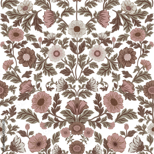 Seamless floral pattern in vintage Morris style, featuring intricate flowers on a white background. Enhanced with the trendy 2025 color "Mocha Mousse" for a modern yet timeless aesthetic.