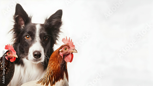 Collage of dog and cat, chickens and hen isolated on white