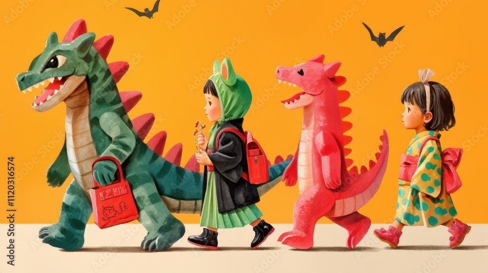 Naklejka premium Whimsical Kids Dressed as Fairy Tale Characters in Dinosaur Costumes Imaginative Playful Photography for Advertising and Marketing Use
