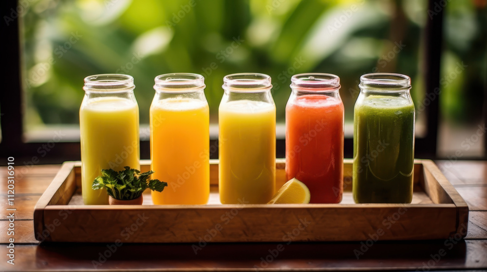 Experience the delight of fresh pressed juice flight in a rustic wooden setting with soft natural light Experience the delight of fresh pressed juice flight in a rustic wooden setting with soft natural light
