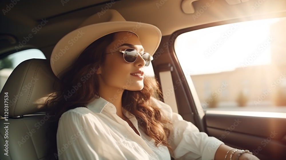 A stylish woman driving a car, confidently navigating the road as the traveler and driver. A stylish woman driving a car, confidently navigating the road as the traveler and driver.