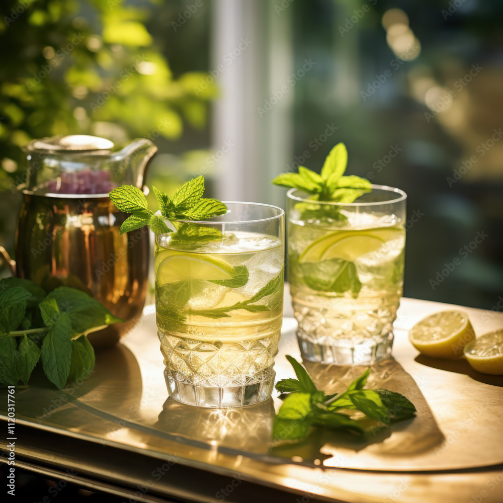 Fototapeta premium Refreshing herbal botanical drink with garden fresh mint in elegant crystal glassware soft natural setting for a serene experience
