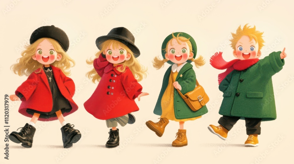 Vibrant Kids Posing with Colorful Props and Three Unique Dolls in Different Outfits for Creative Stock Photography Market Potential Vibrant Kids Posing with Colorful Props and Three Unique Dolls in Different Outfits for Creative Stock Photography Market Potential