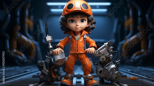 A photo of a 3D character using a torque wrench