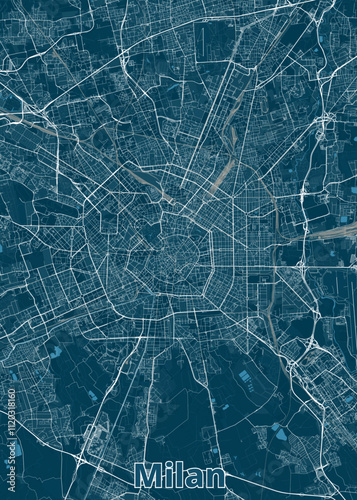 A detailed map of Milan, Italy, rendered in a minimalist style. The map features a deep blue background with white lines representing streets and roads.