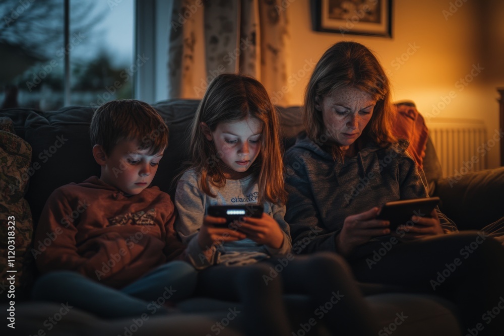 Three children sit together on a couch while engrossed in their devices. In a cozy evening light, technology shapes their interaction. Family moments captured with a modern twist. Generative AI Three children sit together on a couch while engrossed in their devices. In a cozy evening light, technology shapes their interaction. Family moments captured with a modern twist. Generative AI