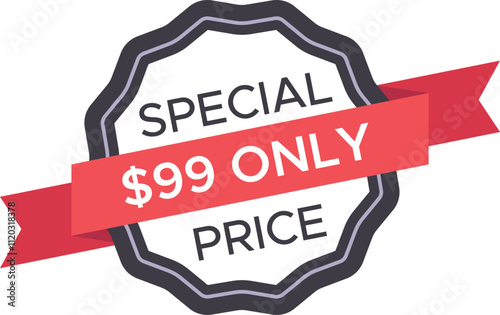 Ninety nine only special price offer featuring a striking red ribbon and a sleek grey badge advertising an enticing discount, perfect for attracting savvy shoppers
