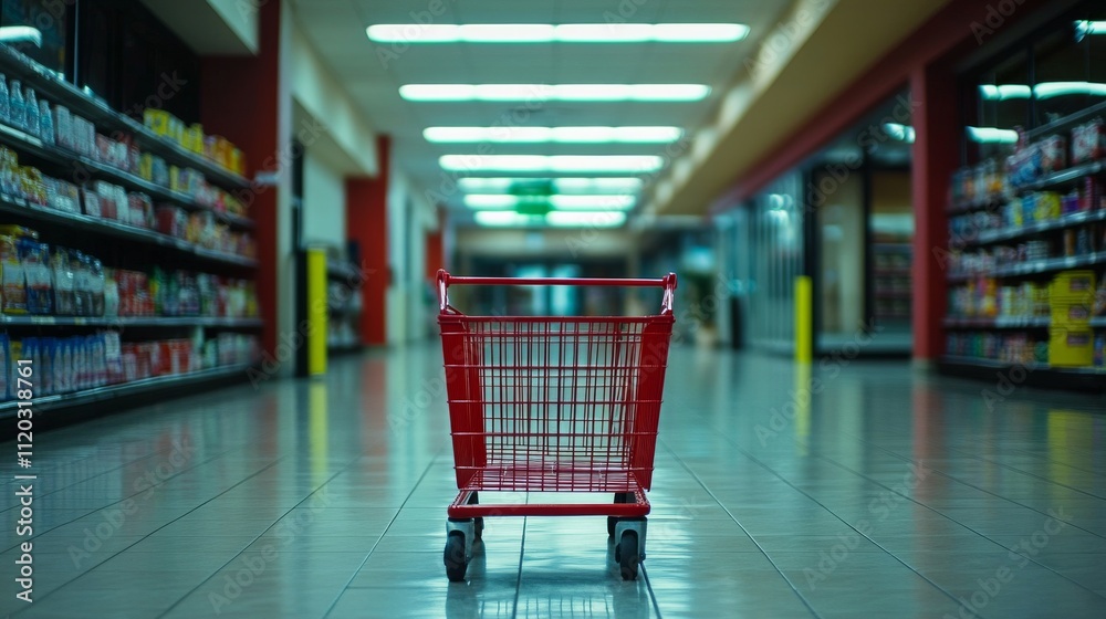 A bright red shopping cart sits empty in a supermarket aisle. A bright red shopping cart sits empty in a supermarket aisle.