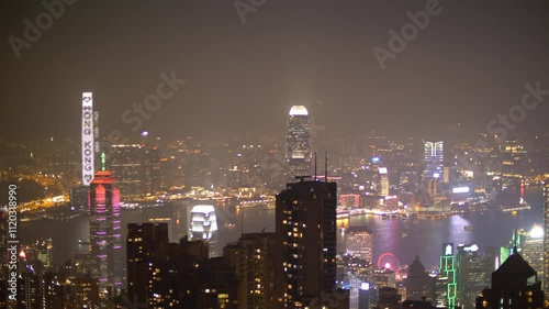 Panoramic view on Hong Kong and Victoria Harbour at night. Big city lights in China