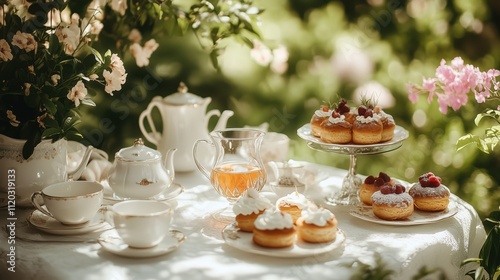 Wallpaper Mural Charming afternoon tea arrangement with teapots, fresh flowers, and an assortment of delicate desserts Torontodigital.ca