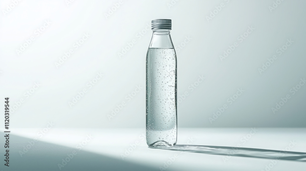 Elegant glass water bottle with metallic cap on white surface featuring condensation and soft side lighting for display Elegant glass water bottle with metallic cap on white surface featuring condensation and soft side lighting for display