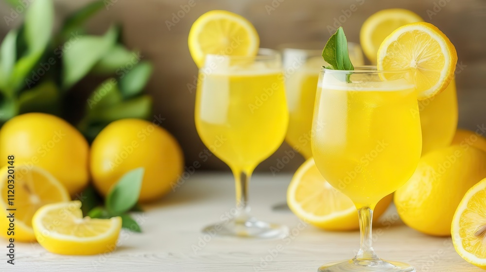Limoncello served in chilled glasses, vibrant yellow, with lemon slices as garnish, refreshing and bright Limoncello served in chilled glasses, vibrant yellow, with lemon slices as garnish, refreshing and bright