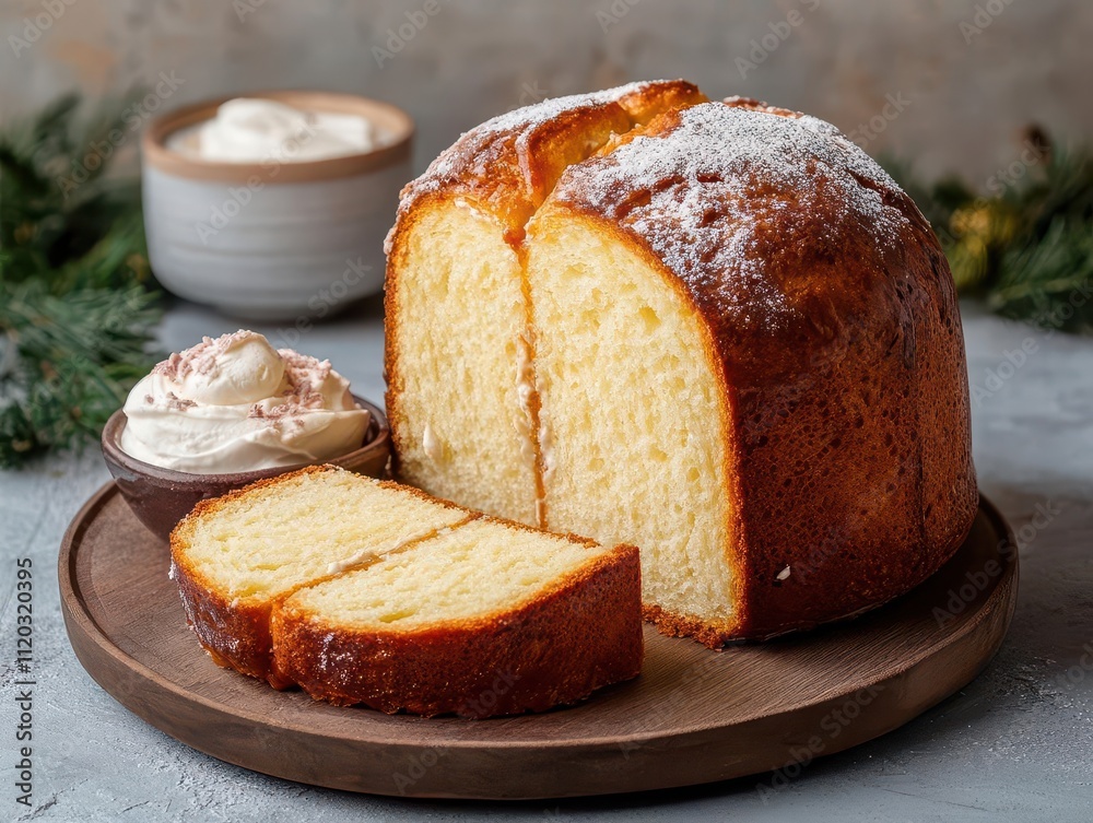 Panettone sliced and served with a side of mascarpone cream, festive and rich in flavor Panettone sliced and served with a side of mascarpone cream, festive and rich in flavor