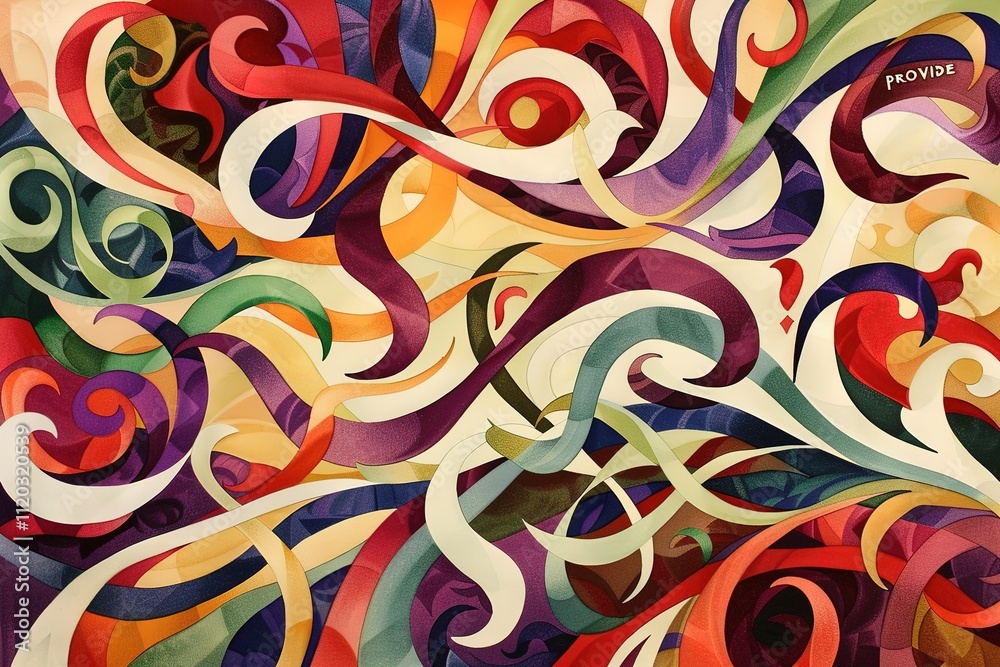 A colorful abstract painting with swirls and curves A colorful abstract painting with swirls and curves