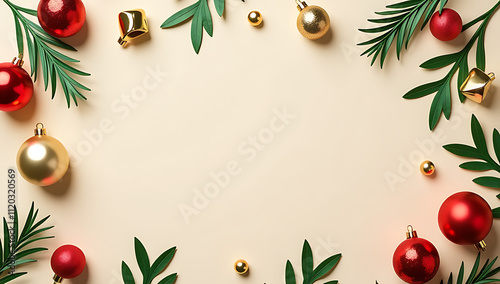 Create a festive holiday collage with handmade elements like balls, mistletoe, and jingle bells on a customizable pastel beige backdrop._00001_ photo