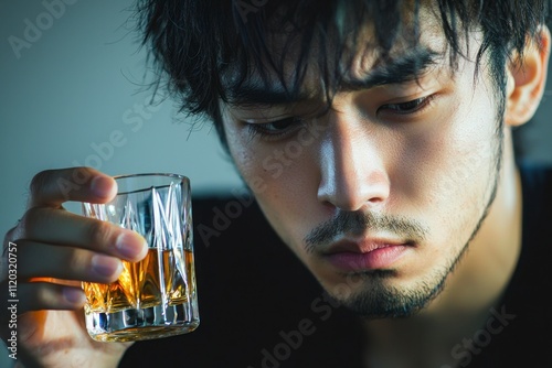 Melancholic reflectiona man contemplates life over whiskey in a dimly lit room photo