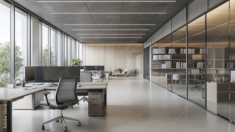 A large open office space with a lot of natural light and a modern design A large open office space with a lot of natural light and a modern design