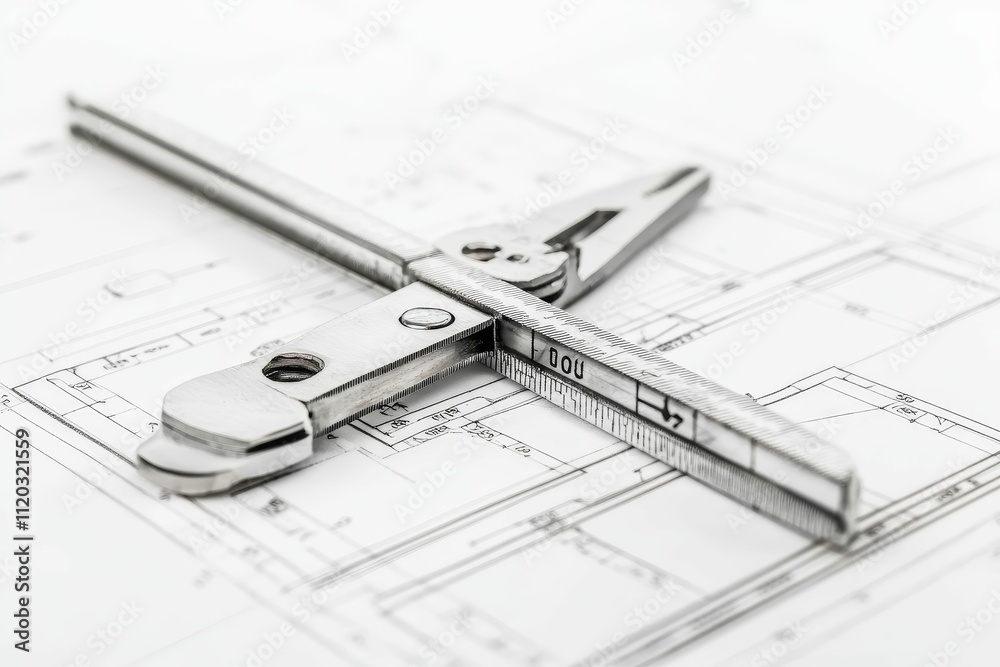 Metal measuring tools on architectural drawings. Metal measuring tools on architectural drawings.