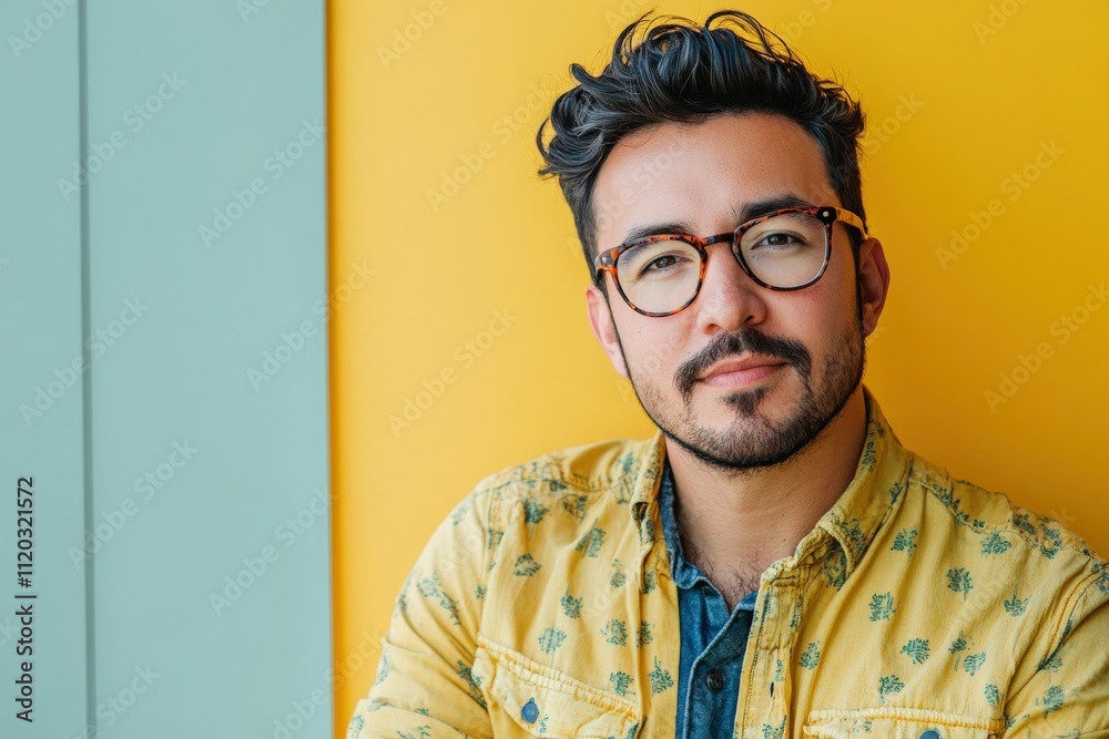 Obraz premium Confident Young Man Posing Against a Bright Yellow Background