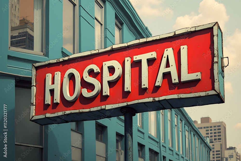 Retro Red Hospital Sign on Teal Building with Urban Backdrop Retro Red Hospital Sign on Teal Building with Urban Backdrop
