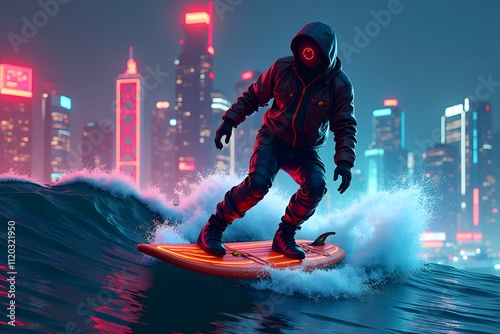 Mysterious Hooded Surfer in Neon-Lit Cyberpunk Cityscape