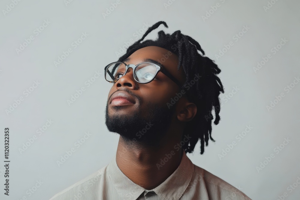 Fototapeta premium Contemplative Young Man with Dreadlocks Looking Upwards in Soft Lighting