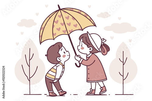 cute illustration of children sharing an umbrella on a rainy day in an autumn park heartwarming image perfect for greeting cards children's books or decorative prints