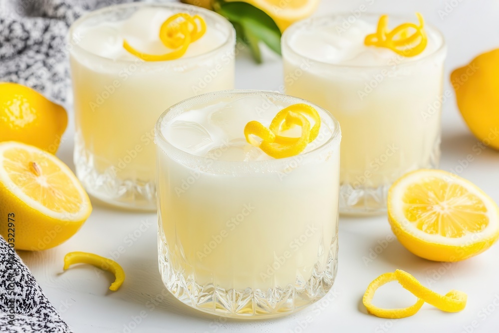 Chilled limoncello in frosted glasses, garnished with lemon zest curls, vibrant and refreshing Chilled limoncello in frosted glasses, garnished with lemon zest curls, vibrant and refreshing