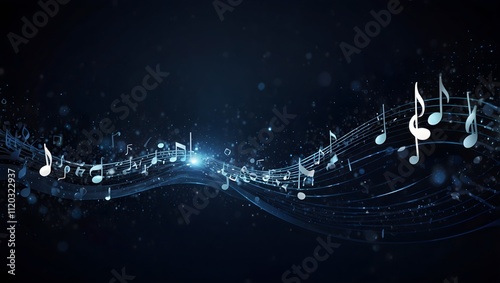 Many light gray musical notes and lines flow across a dark blue background.

