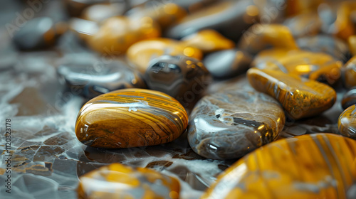 selective focus of golden stones on grey and brown marble surface photo