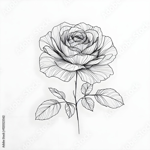 single flower drawing- Minimalistic line art illustration, A delicate rose in fine black ink, petals slightly open 