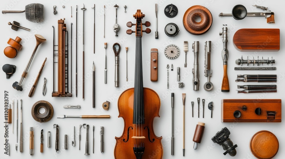 Naklejka premium Violin, tools, and wooden components arranged neatly.