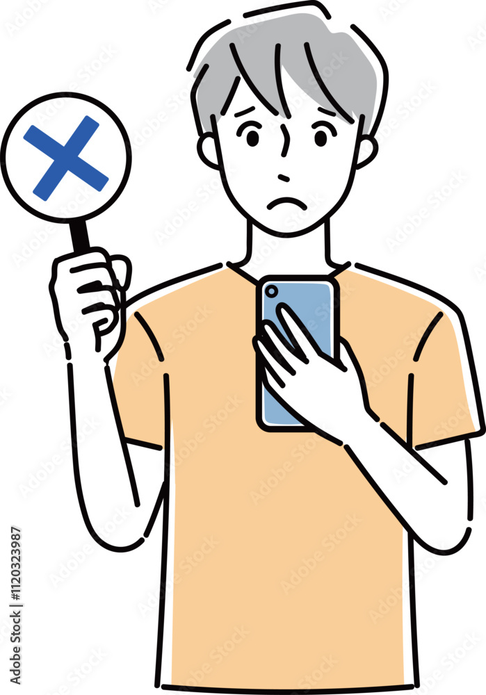 スマホとマルバツ札を持っている男性