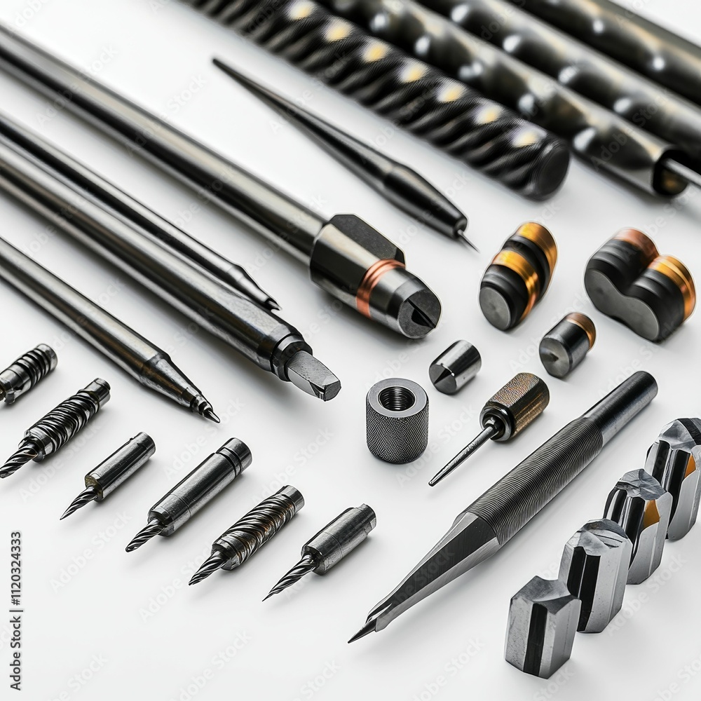 Precision metal tools arranged on white surface. Precision metal tools arranged on white surface.