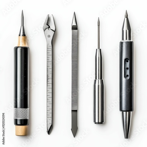 Five precision instruments arranged neatly.