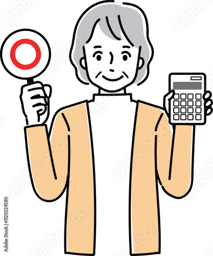 電卓と札を持っているシニア女性