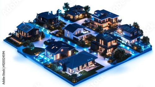 Modern houses illuminated at night.