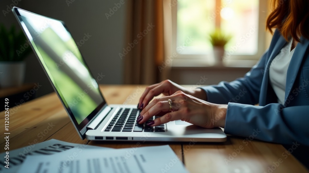 Professional Woman Typing on Laptop in a Cozy Workspace with Natural Light Professional Woman Typing on Laptop in a Cozy Workspace with Natural Light
