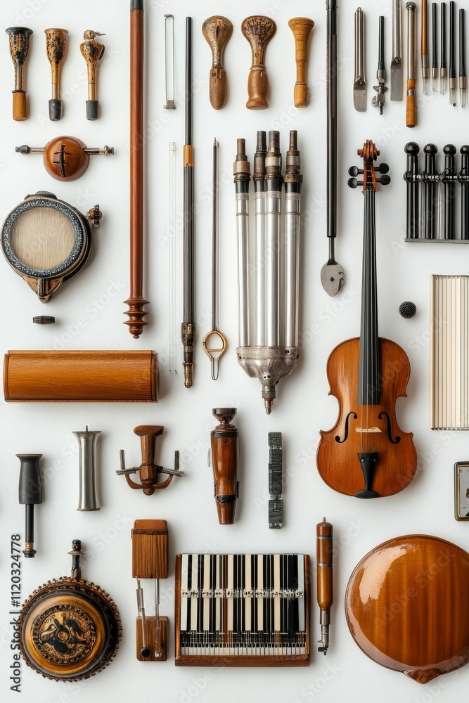 Naklejka premium Musical instruments, tools, and vintage objects arranged neatly.