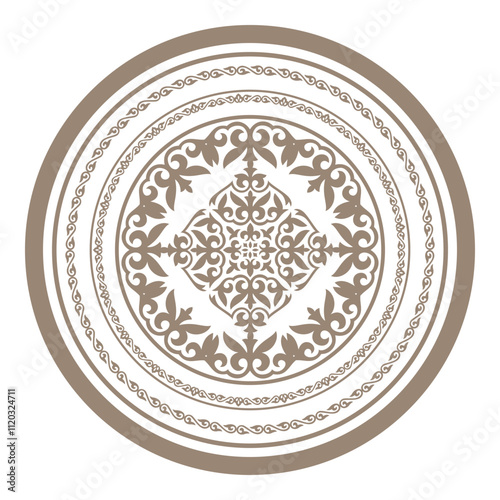 Round gold Kazakh ornament shield with a pattern in the center frame. Ornamental element of Turkic, Kazakh, Kyrgyz, Uzbek, national Asian decor for ceramic, textile, embroidery gold, skullcap, yurt