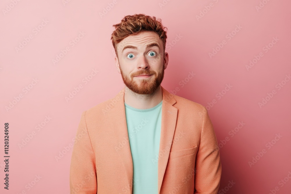 Obraz premium Cheerful Young Man with Quirky Expression Against a Pink Background