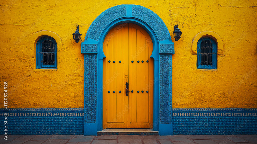 Fototapeta premium A yellow door with blue trim stands in front of a yellow building. The door is open, and the building has a blue and yellow color scheme. The scene is bright and cheerful, with the door