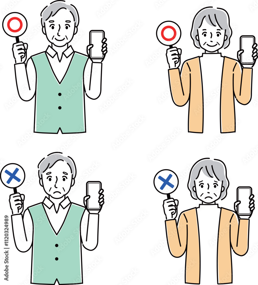 マルバツ札とスマホを持っているシニア