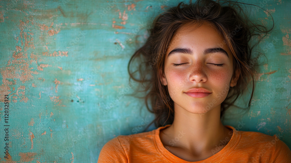 A woman is laying on a wall with her eyes closed. She has a pinkish tint to her face and is smiling A woman is laying on a wall with her eyes closed. She has a pinkish tint to her face and is smiling