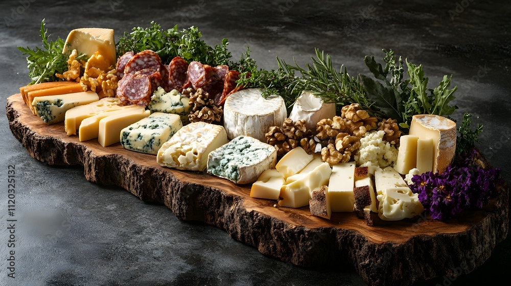 Fototapeta premium Assorted Cheeses Salami Walnuts and Herbs on Wooden Board