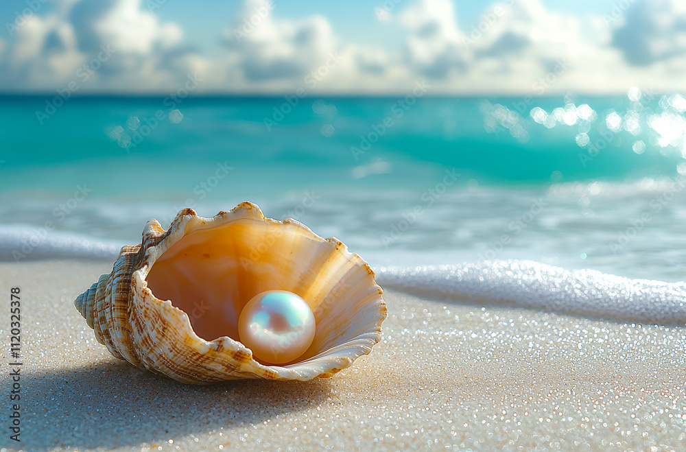A pearl is sitting in the center of a seashell on a sandy beach. The scene is serene and peaceful, with the ocean in the background and the shell and pearl as the main focus A pearl is sitting in the center of a seashell on a sandy beach. The scene is serene and peaceful, with the ocean in the background and the shell and pearl as the main focus