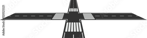 Crossroads featuring pedestrian crossings dividing four roads into the distance, creating a geometric pattern against a white background, symbolizing urban connection