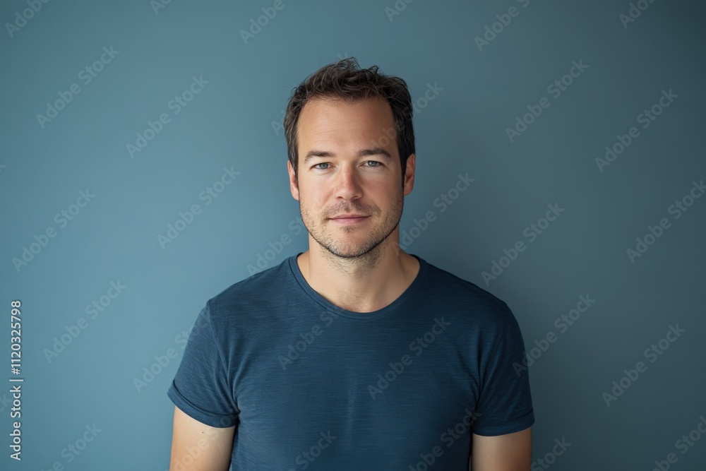 Confident Young Man Posing Against a Solid Blue Background in Casual Attire Confident Young Man Posing Against a Solid Blue Background in Casual Attire