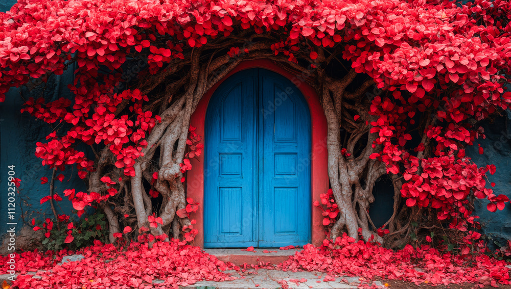 A blue door with red flowers growing out of it. The door is surrounded by red leaves and branches, creating a beautiful and unique entrance A blue door with red flowers growing out of it. The door is surrounded by red leaves and branches, creating a beautiful and unique entrance